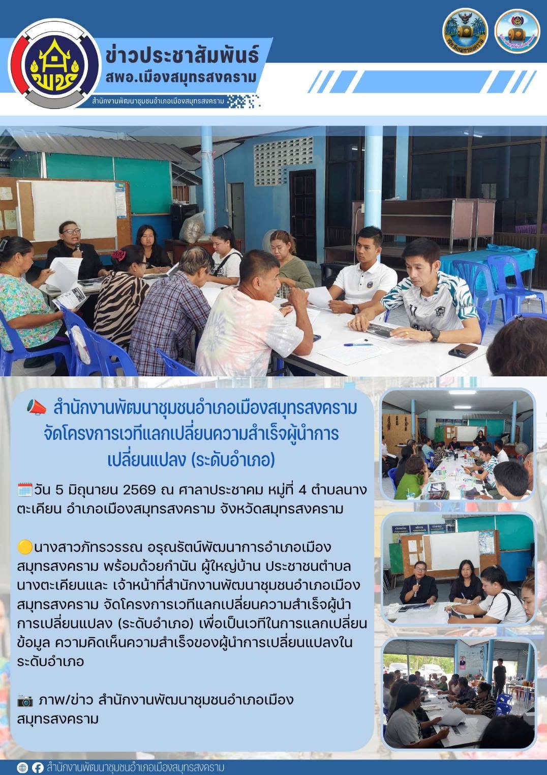📣 สำนักงานพัฒนาชุมชนอำเภอเมืองสมุทรสงคราม จัดโครงการเวทีแลกเปลี่ยนความสำเร็จผู้นำการเปลี่ยนแปลง (ระดับอำเภอ)